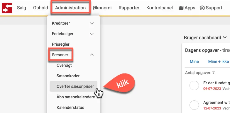 Overfør sæsonpriser