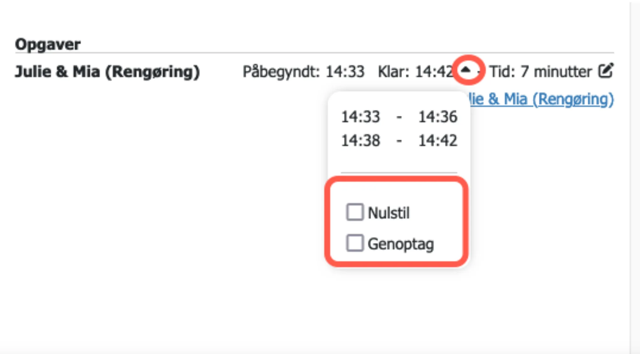Nulstil eller genoptag tidregistrering