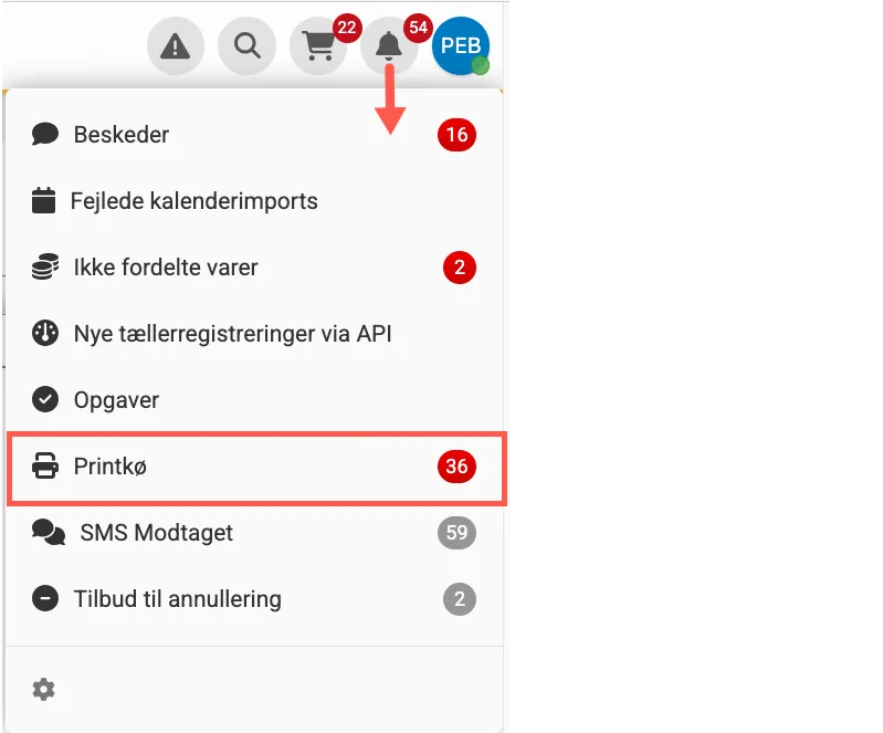 Placering af printkø ikon