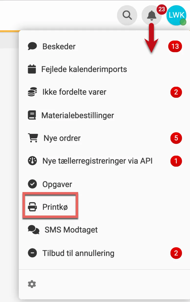 Placering af printkø ikon