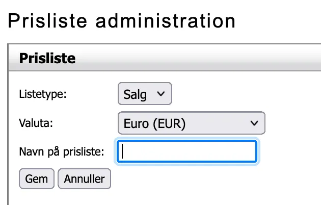 Opret prisliste
