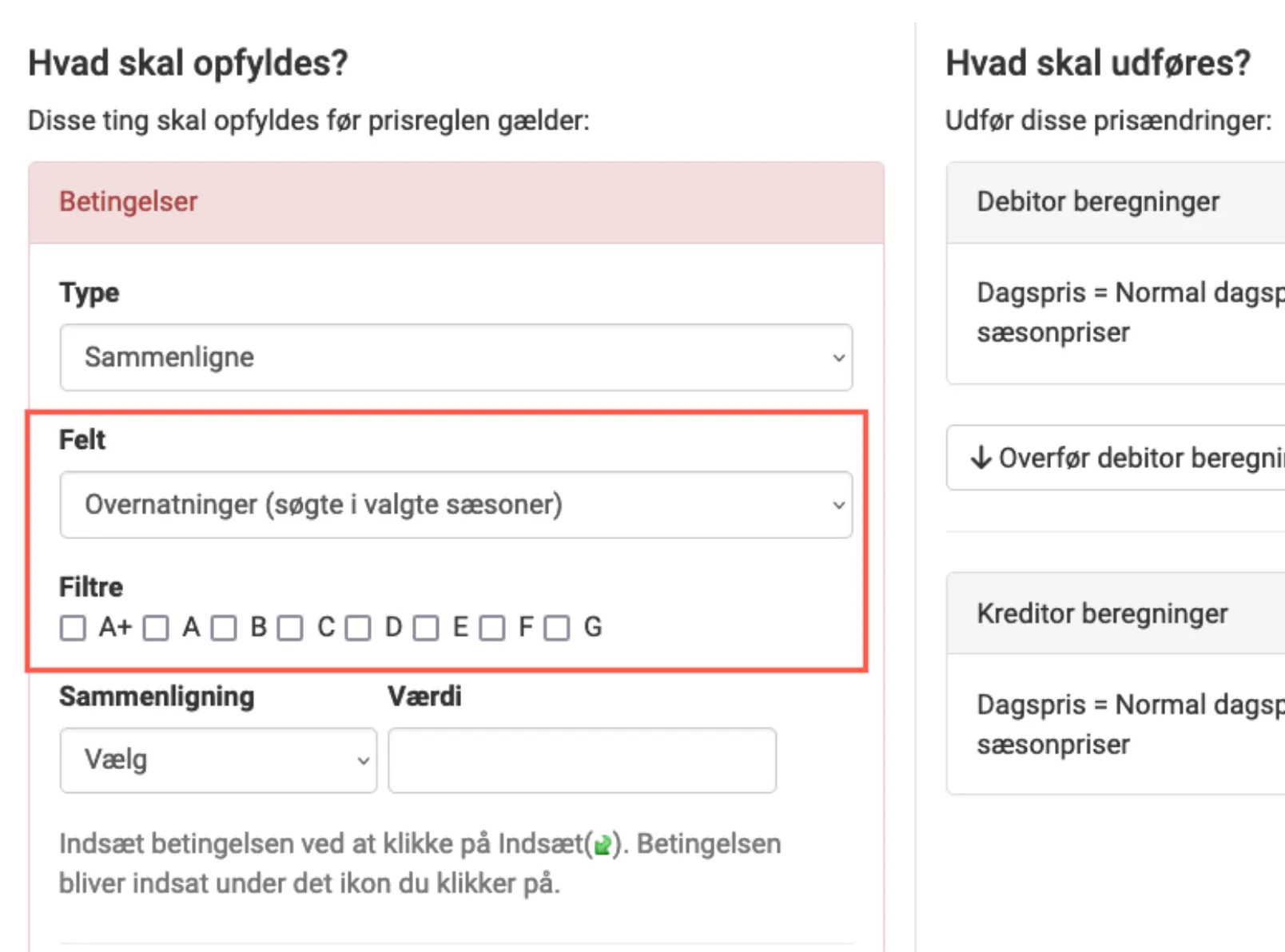 feltet overnatninger, søgte i valgte sæson