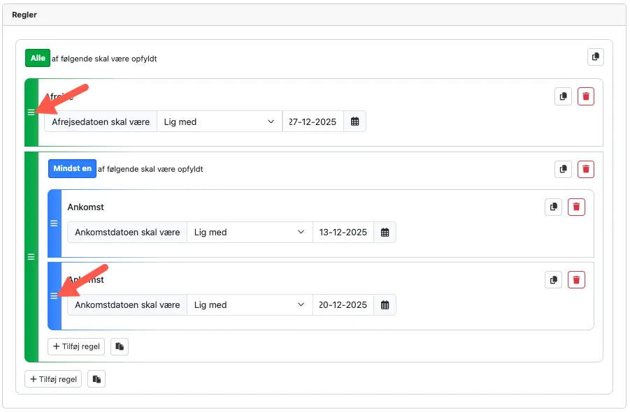 Flyt placering for en regel