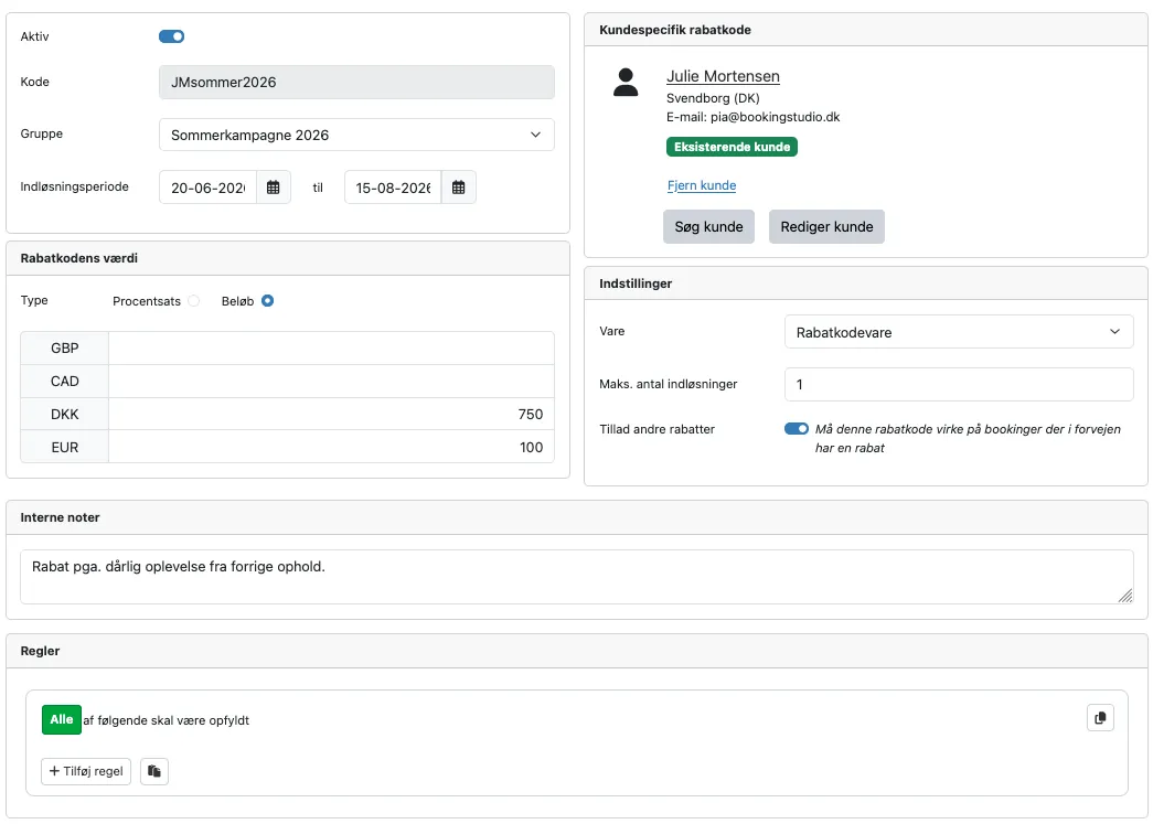 Indholdet i en kundespecifik rabatkode