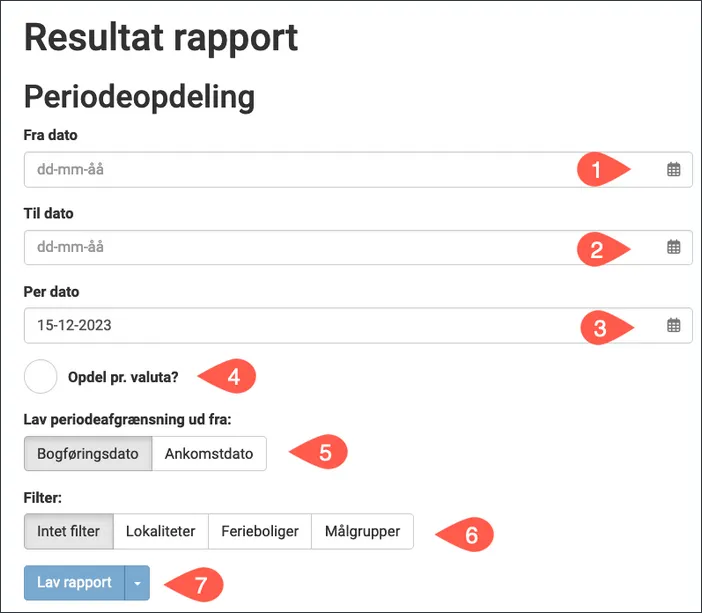Vælg indstillinger for resultat rapporten