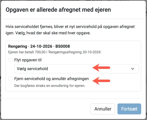 Advarsel ved ændring af servicegruppe på en afregnet opgave