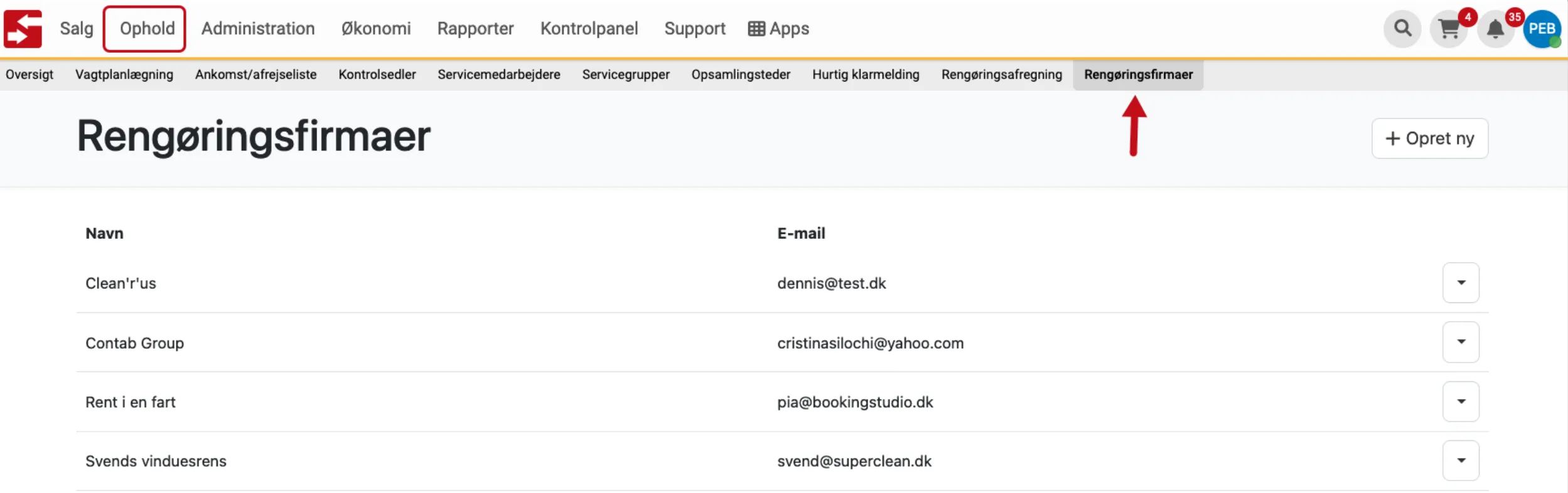 Menupunktet rengøringsfirmaer