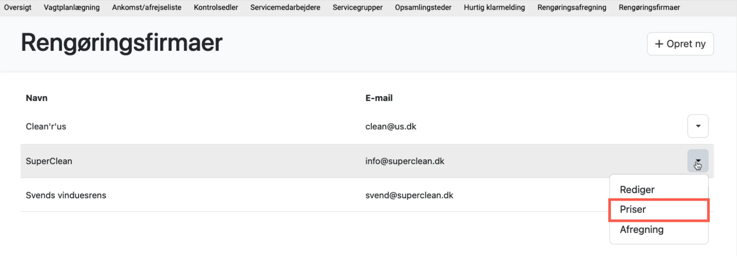 Opret rengøringsfirmaets priser