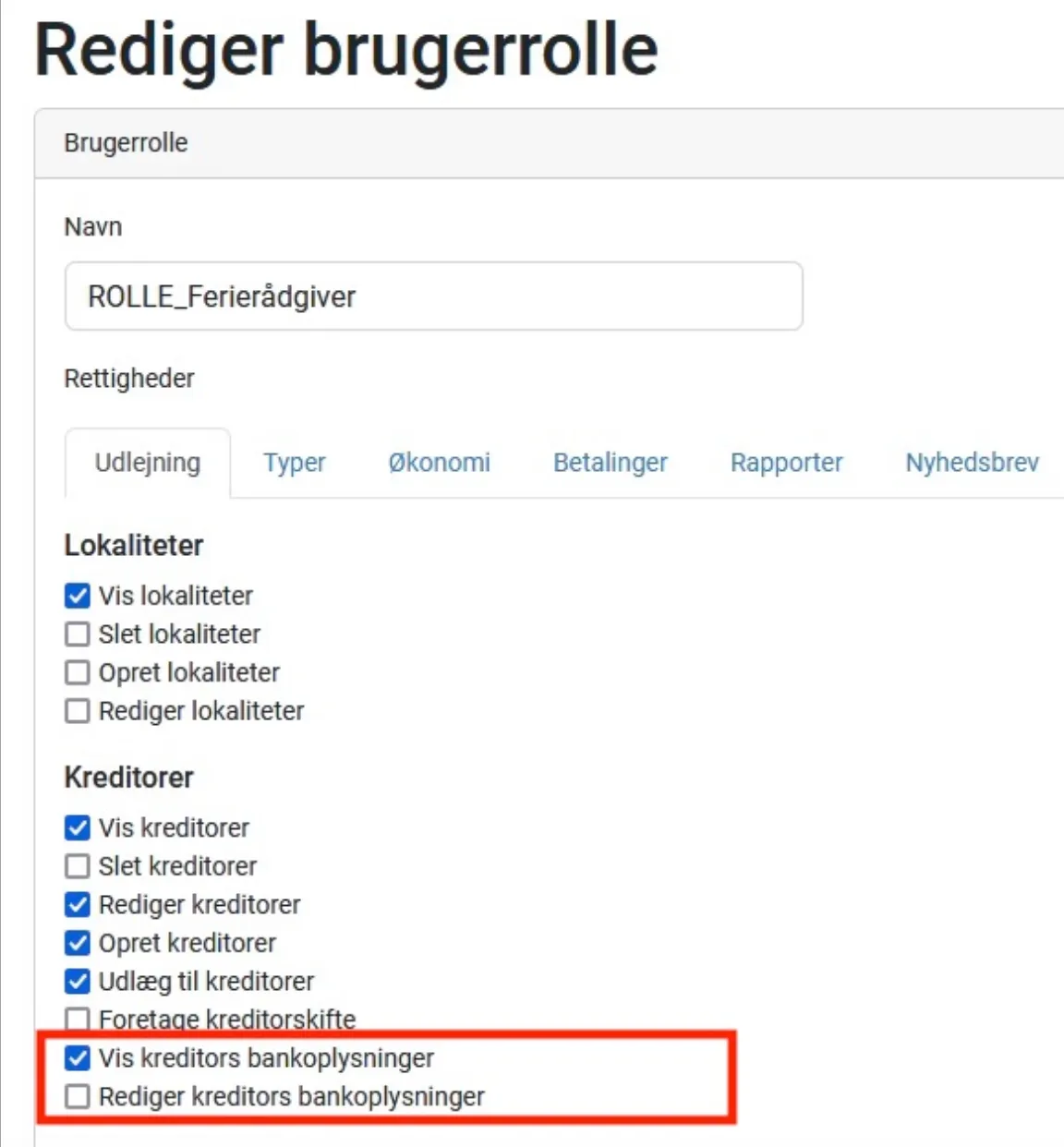 Redigere brugerrolle for udlejning og kreditorer
