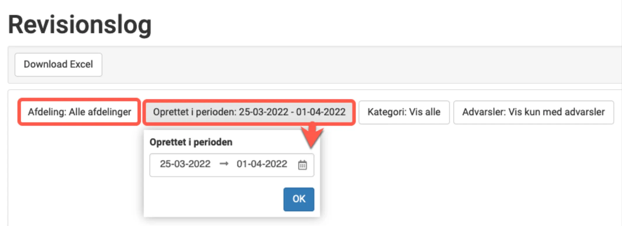 Filtrér revisionslog