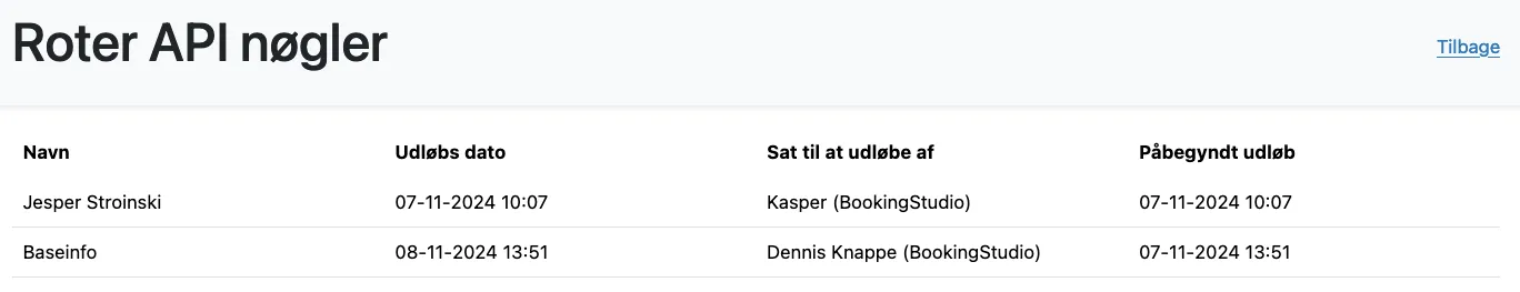 Oversigt over udløbende API nøgler
