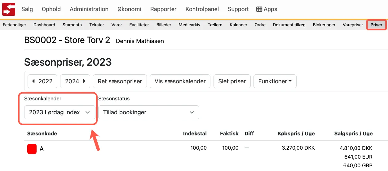 Sæsonkalender tilknyttes på en ferieboligs side med priser