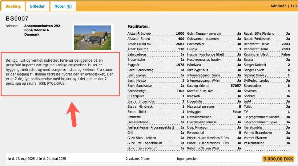 Tekst på feriebolig, når det vises på salg->booking siden