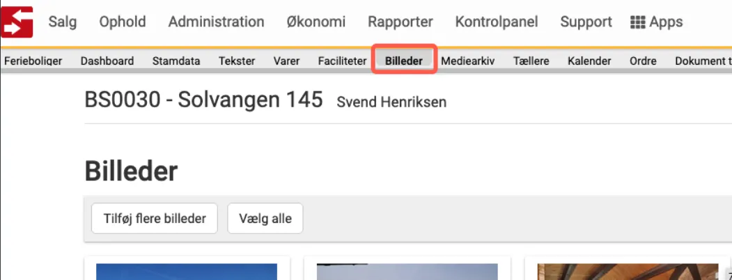 menupunktet billeder på en feriebolig