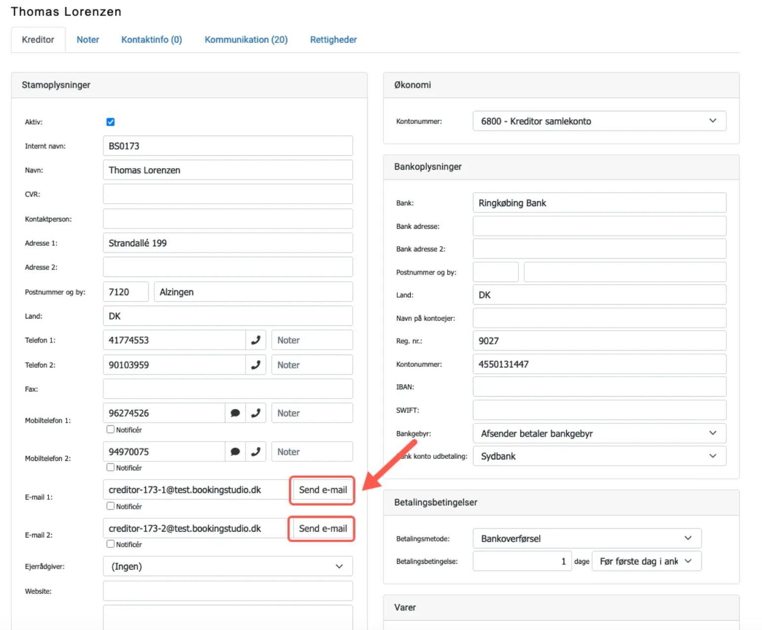 Send e-mail til kreditor