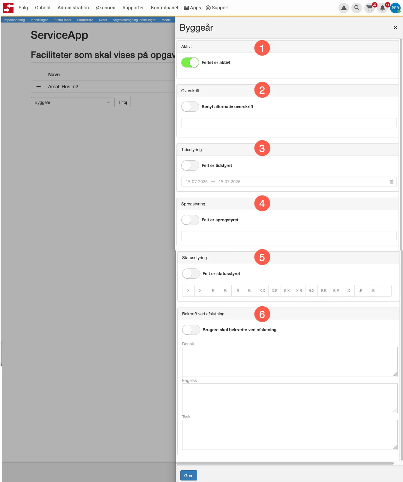 Indstil en facilitet i service app'en