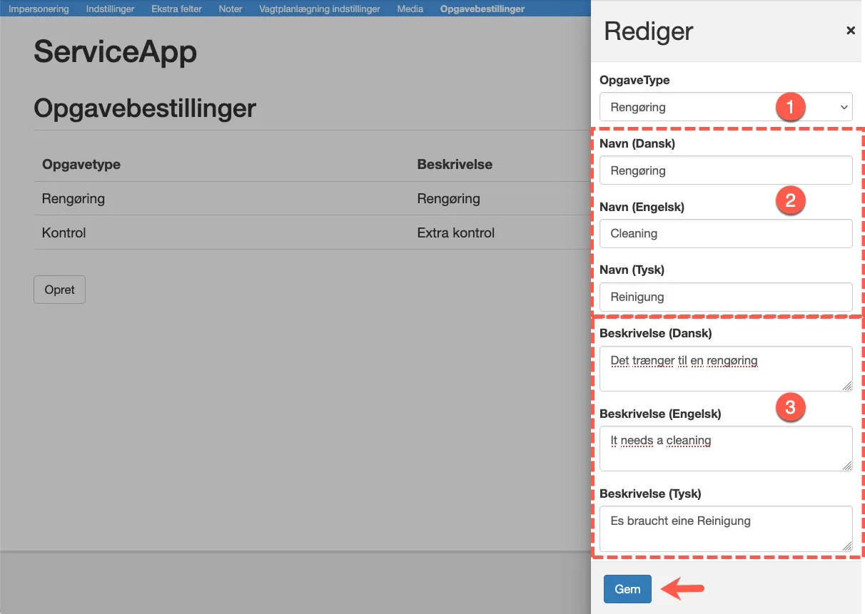 opret en opgavebestilling