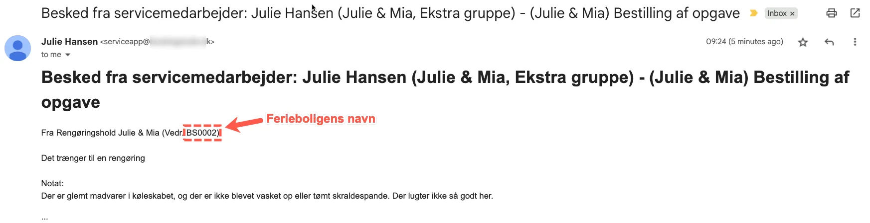 Opgavebestillingen modtages som en email