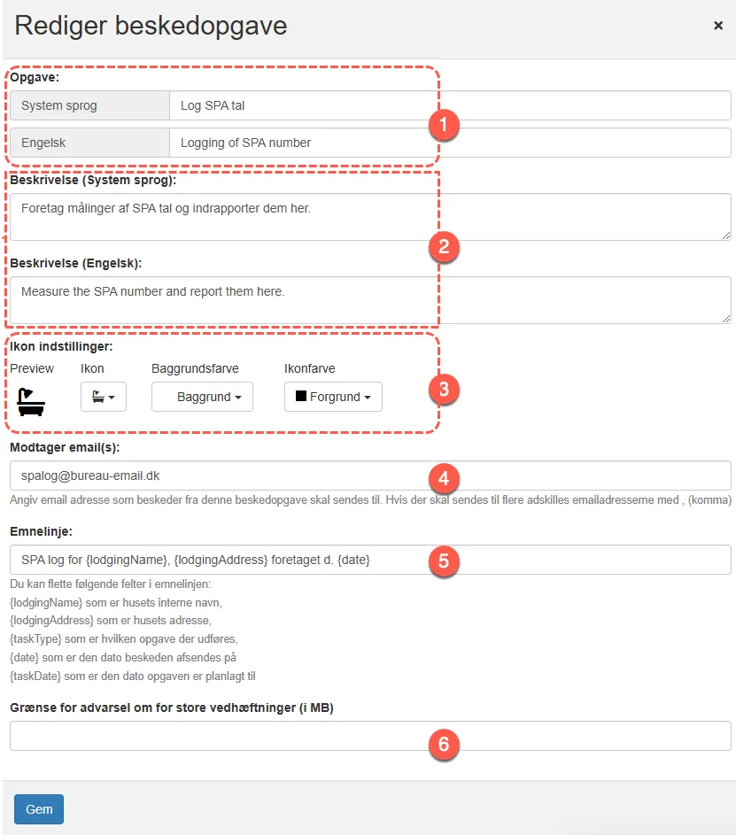 Udfyld felterne for beskedopgave