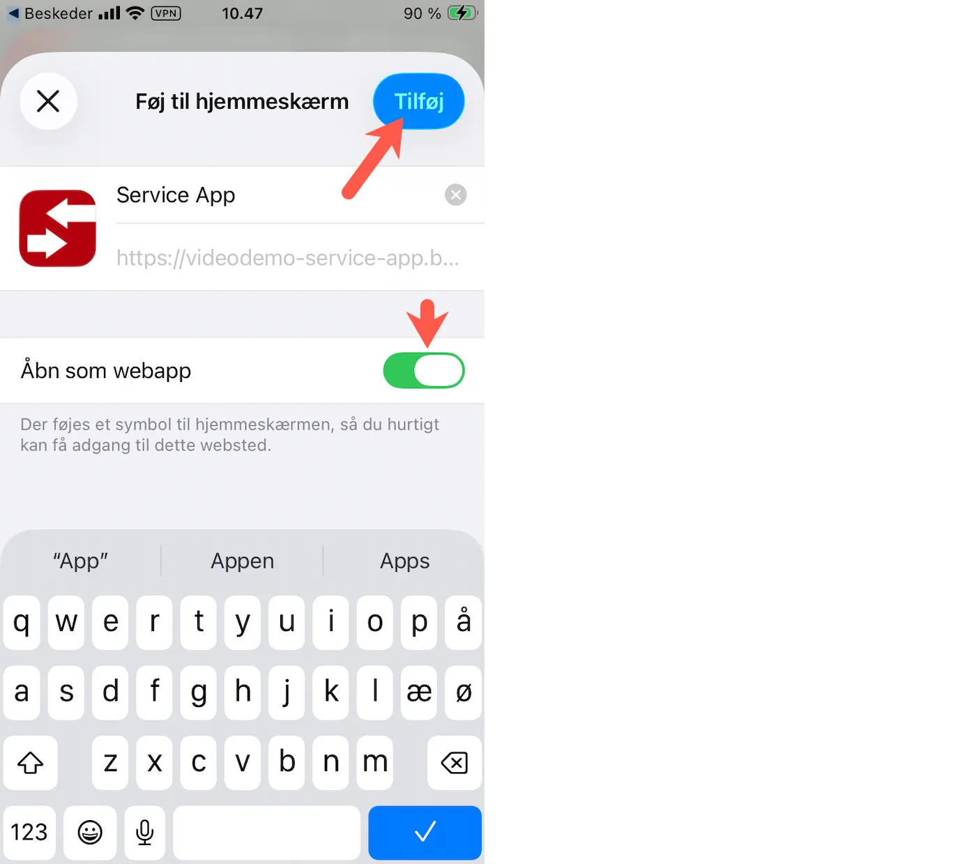 Slå "Åbn som webapp" til og klik "Tilføj"