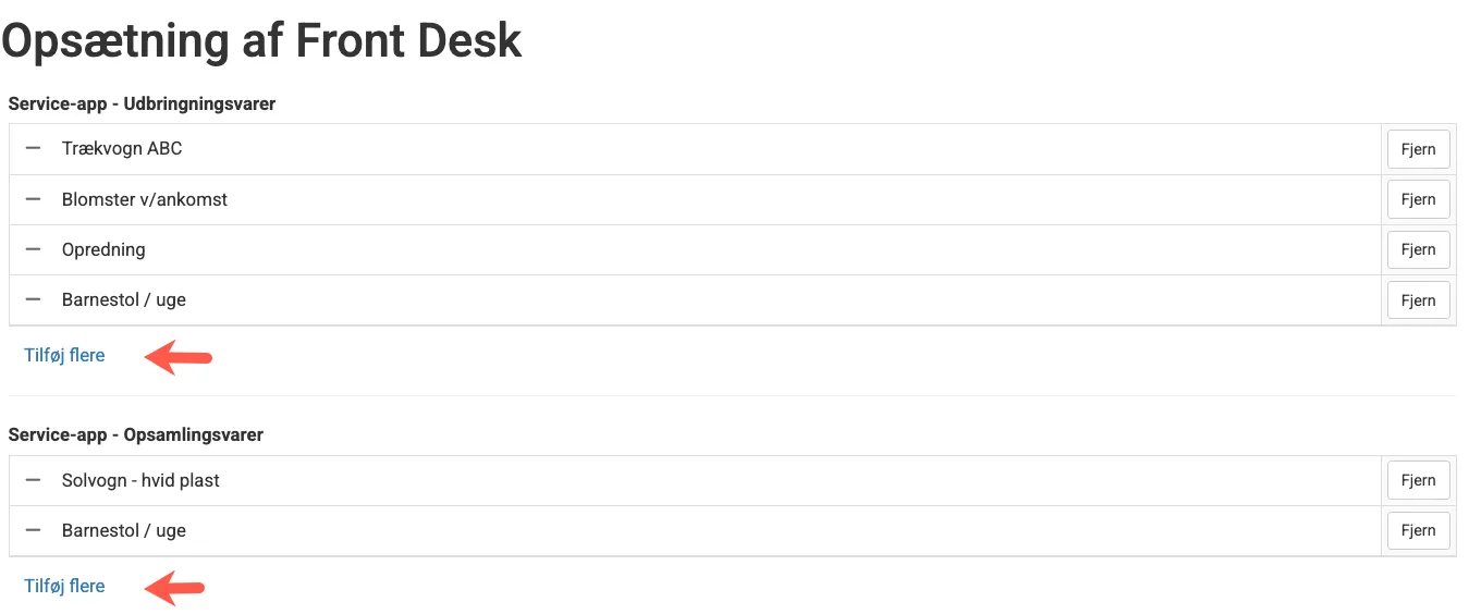 Indstilling for udbringsningsvarer og opsamlingsvarer i service app'en