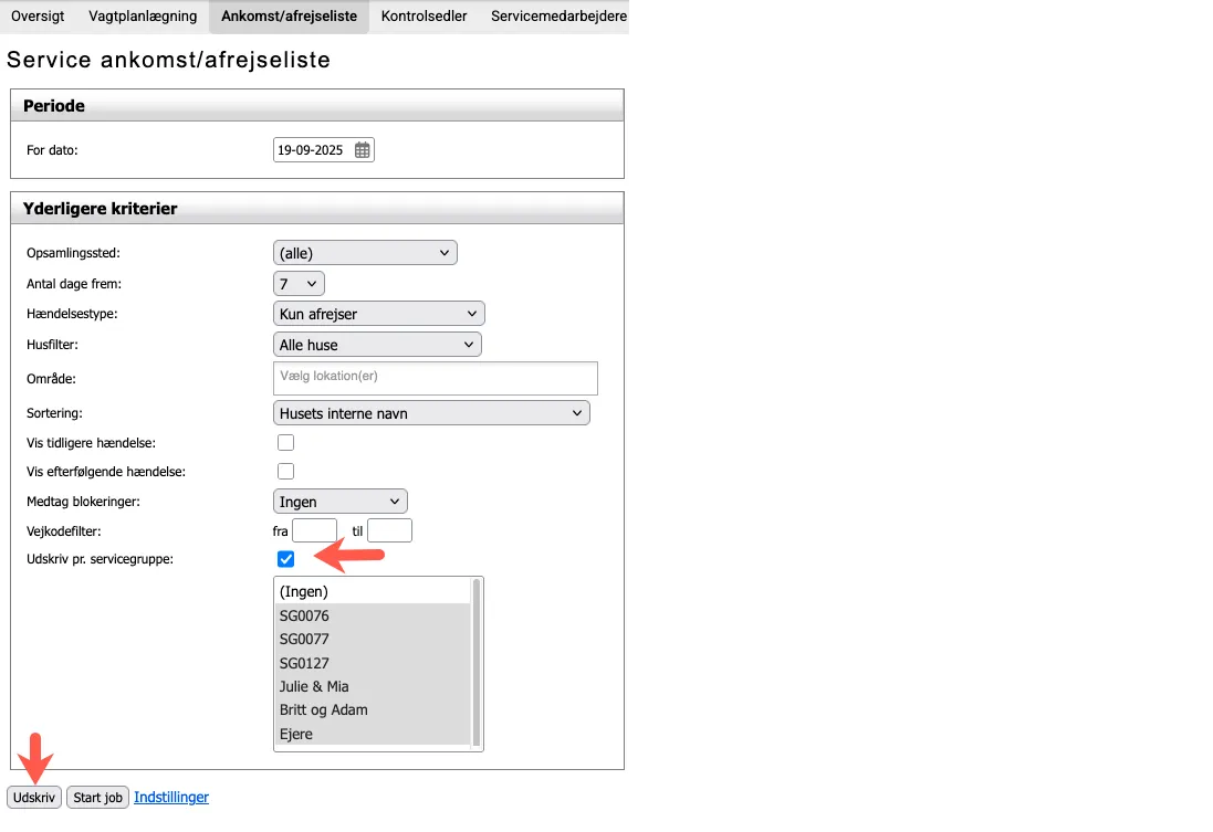 Vis listen pr. servicegruppe