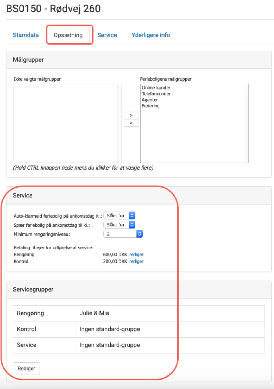 Indstillinger for service på ferieboligen