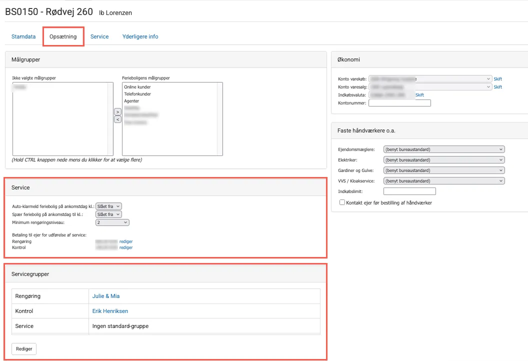Indstillinger for service på ferieboligen