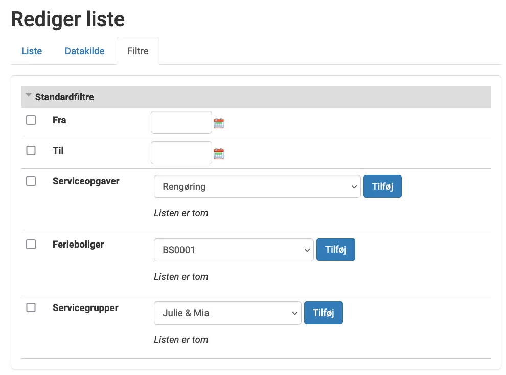 Filtreringsmuligheder for listen serviceopgaver (multi-dato)