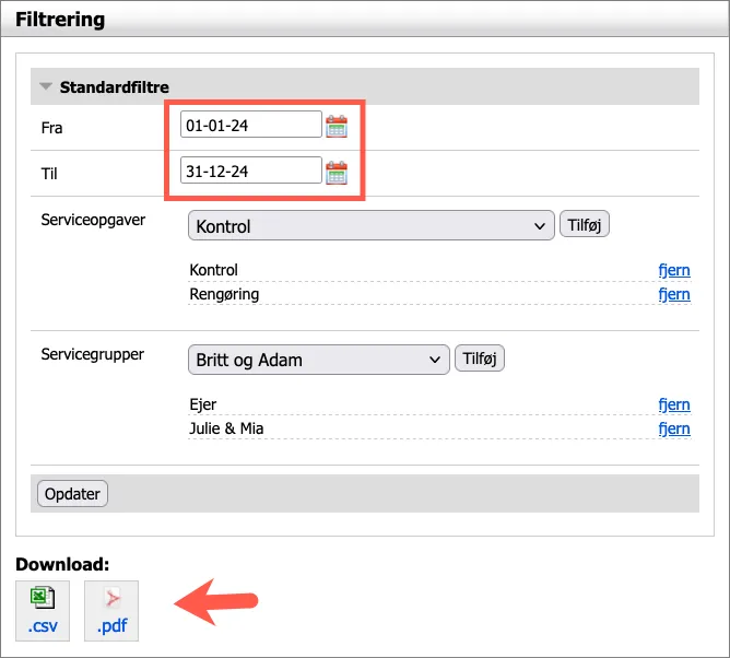 Filtreringsmuligheder i listen