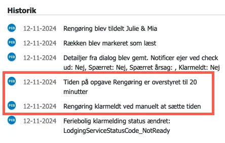 Log på ændring vises under Historik i detaljer