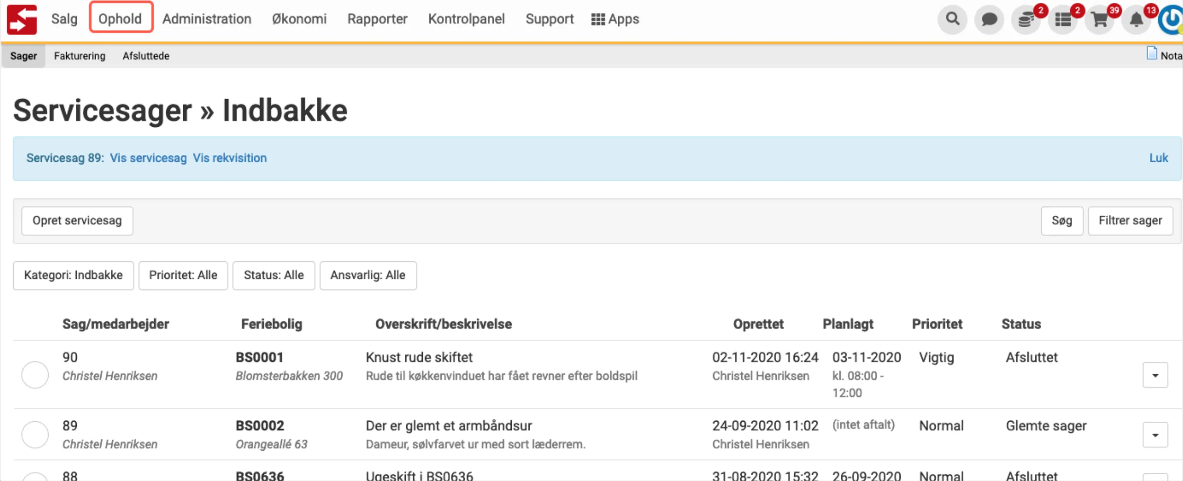 Oprettede servicesager