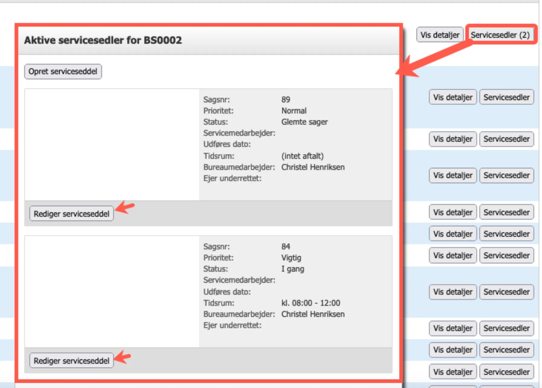 Detaljer om servicesager