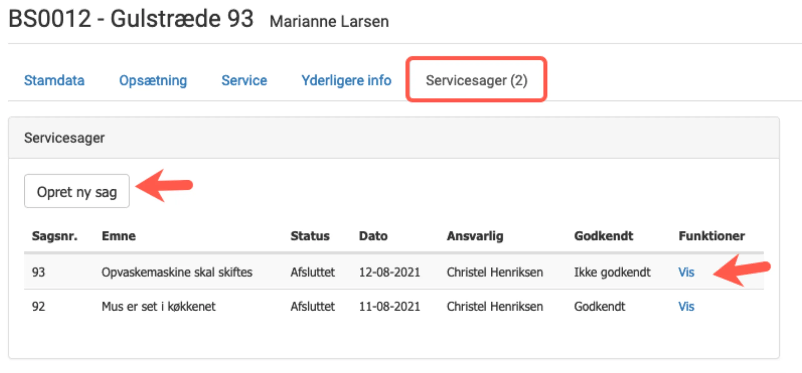 Fane med samlede servicesager på feriebolig