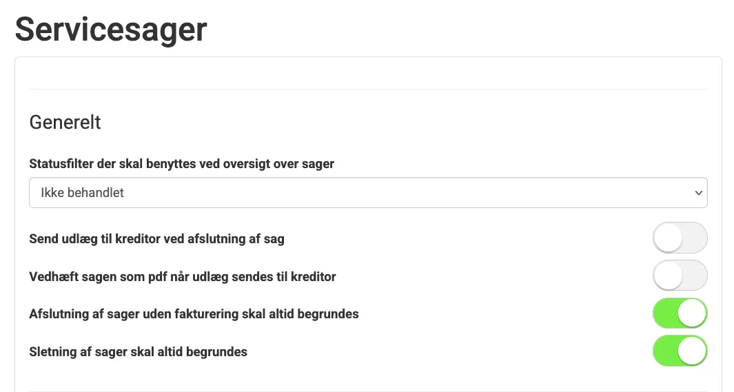 Generelle indstillinger for servicesager