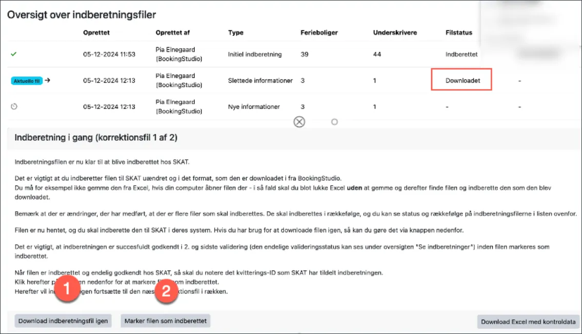 Næste korrektionsfil til indberetning