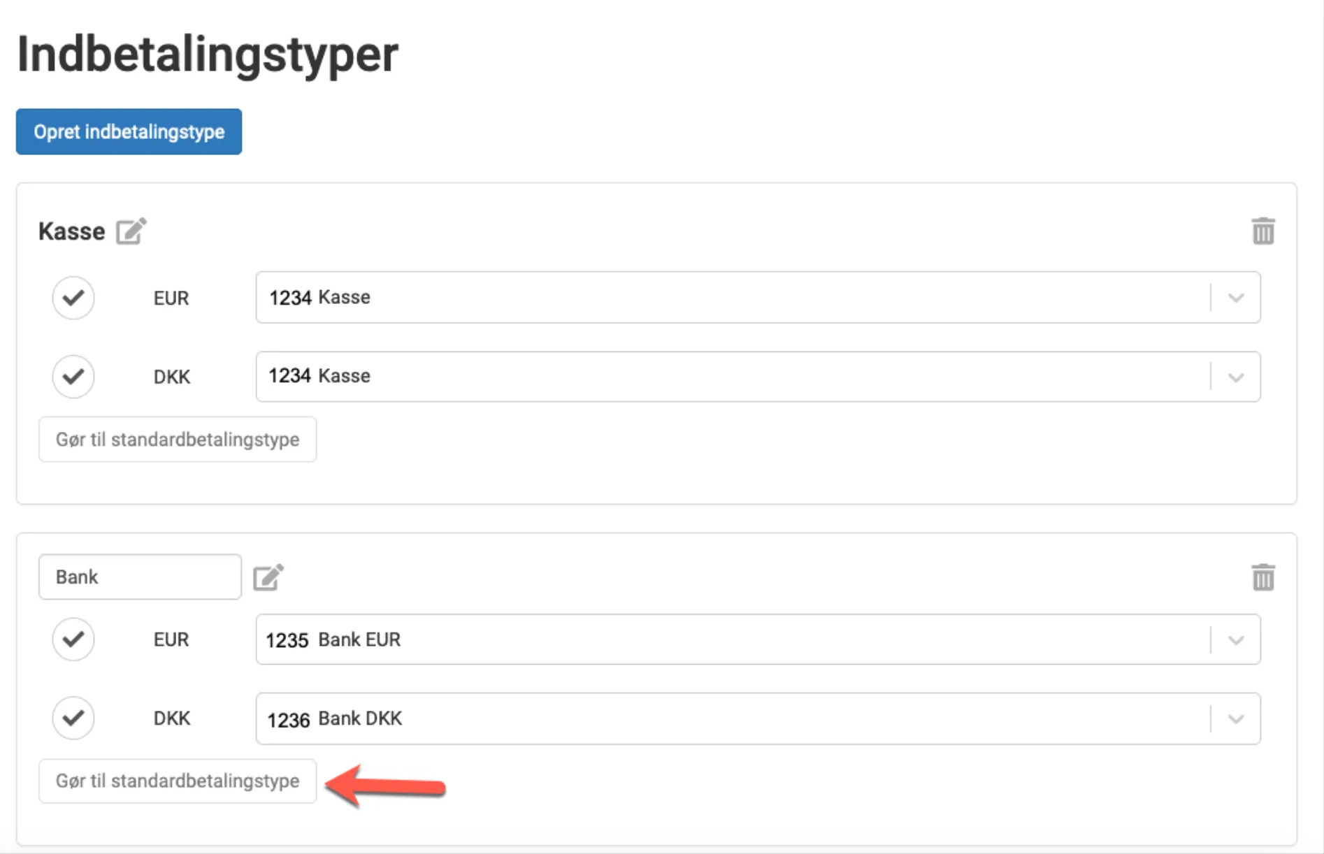 Vælg konto for hver valuta