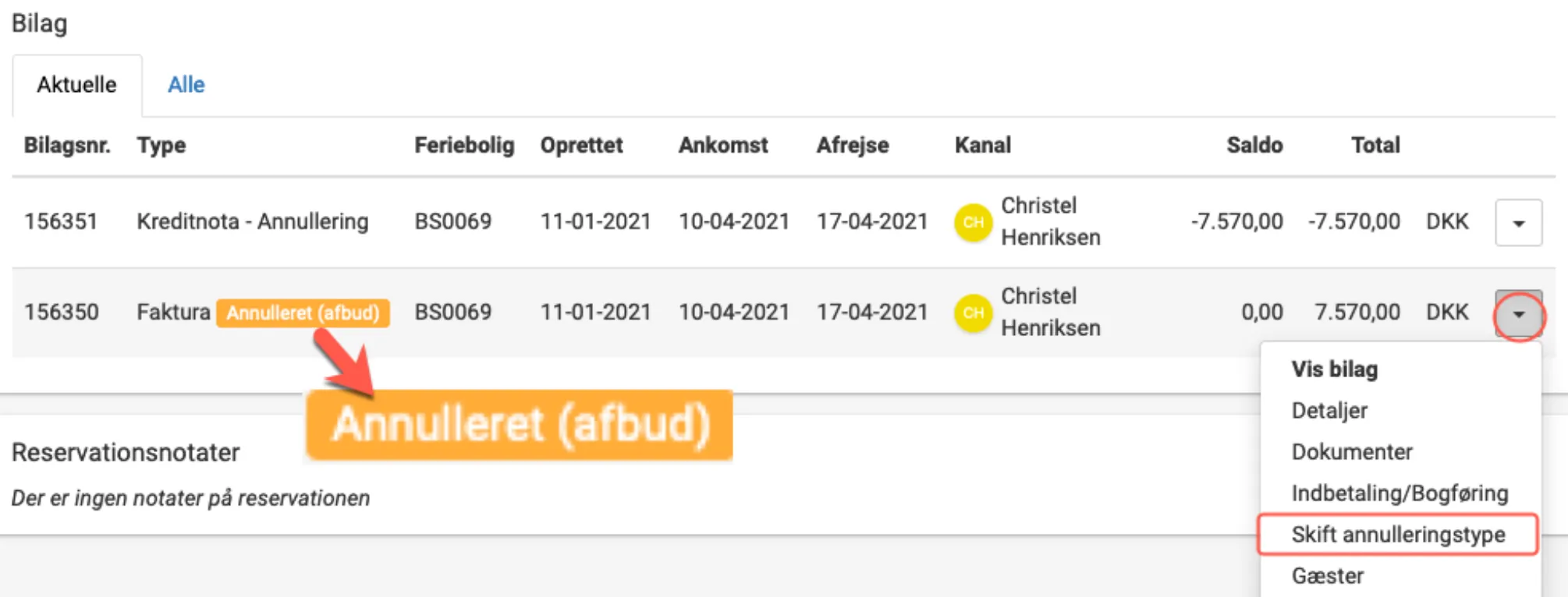 ændre annulleringstypen
