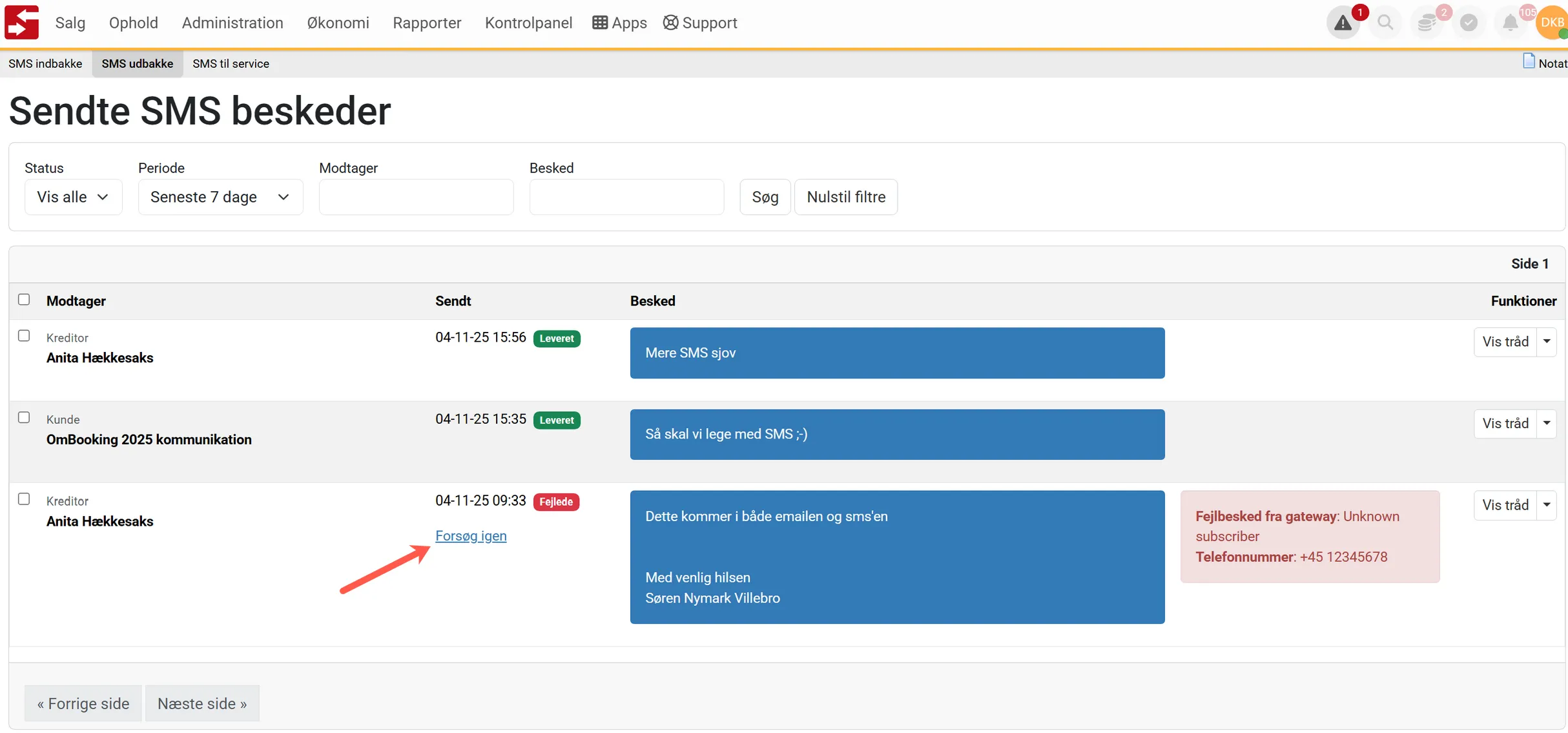Forsøg at sende sms beskeden igen