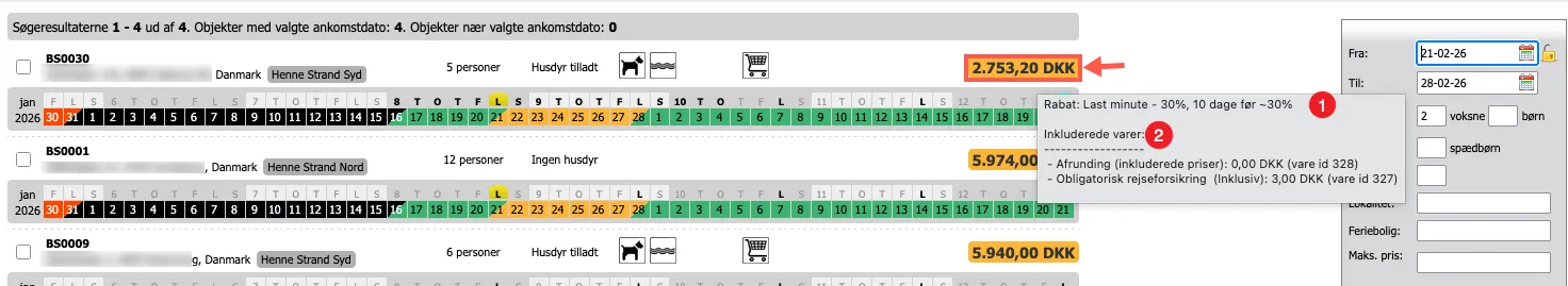 Hold musen over prisen og du kan se yderligere info