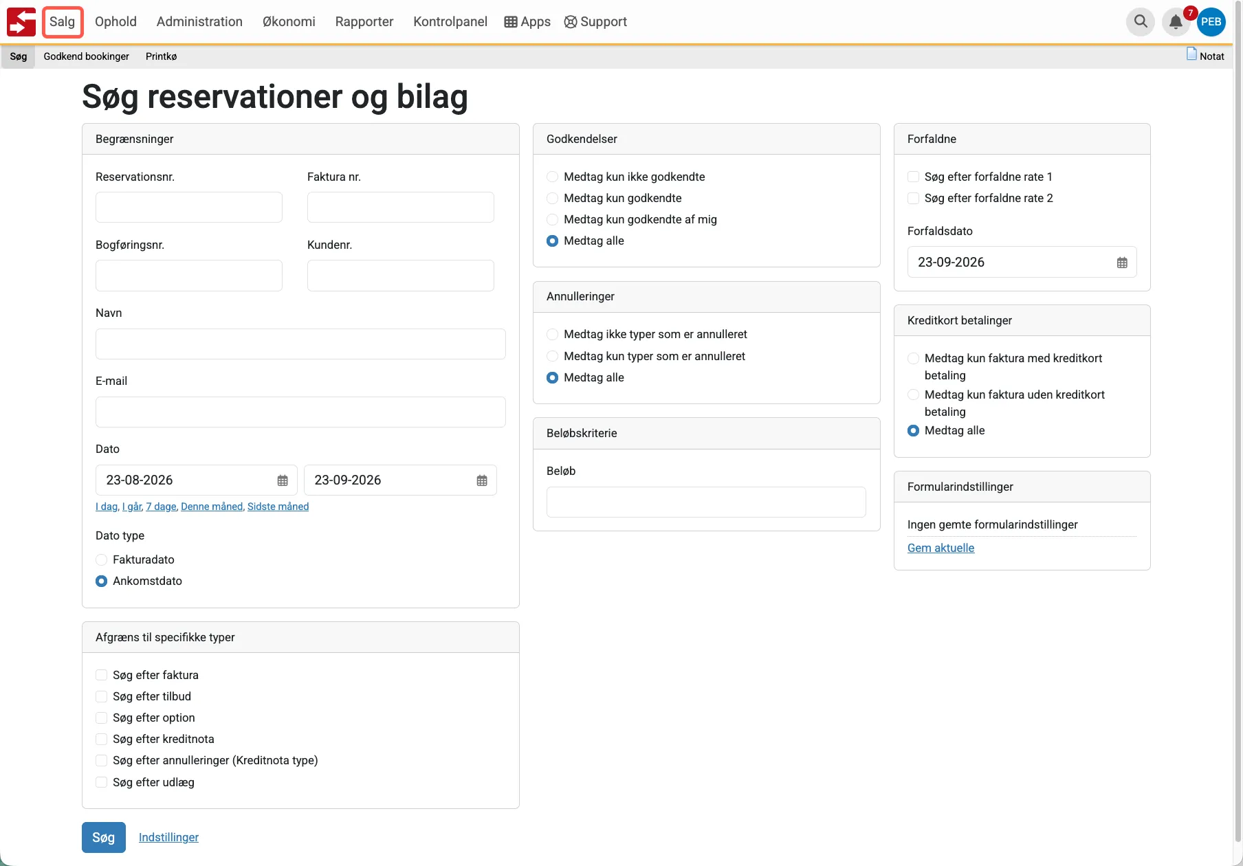 Søg reservationer og bilag