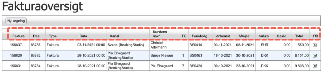 Sortér rækker ved at klikke på overskriften i en kolonne