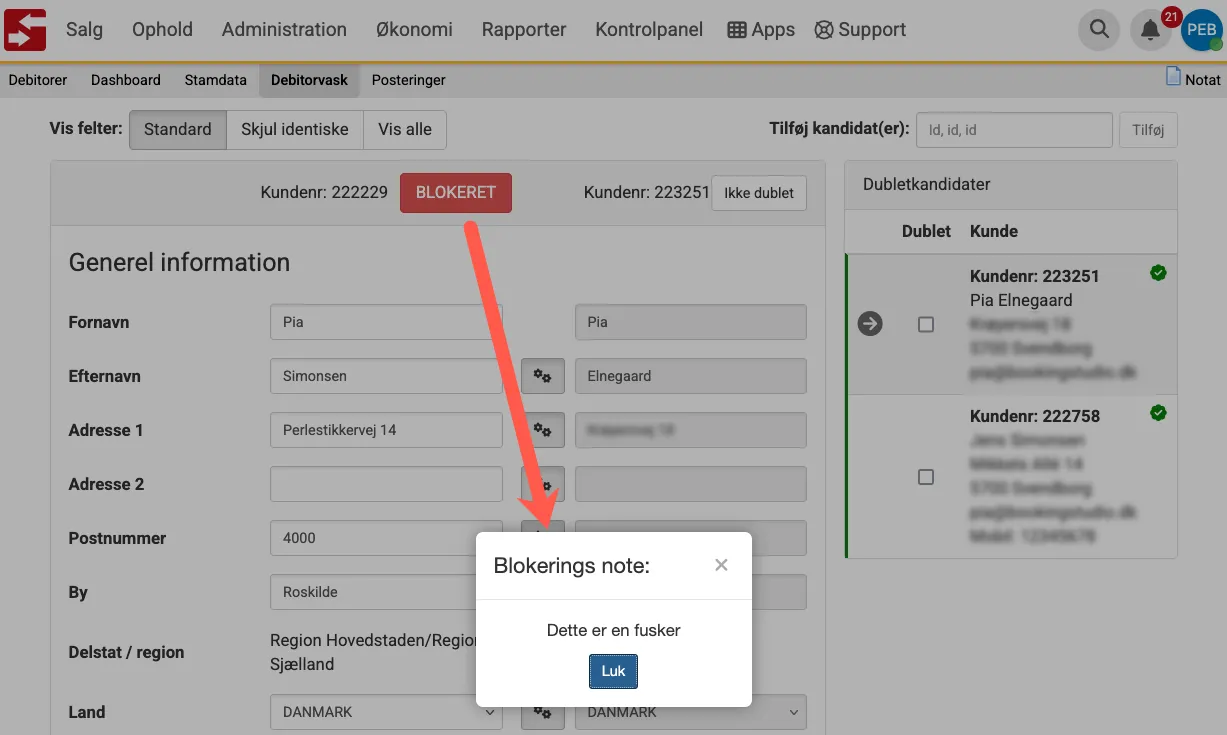 Se notat for en blokeret/spærret kunde