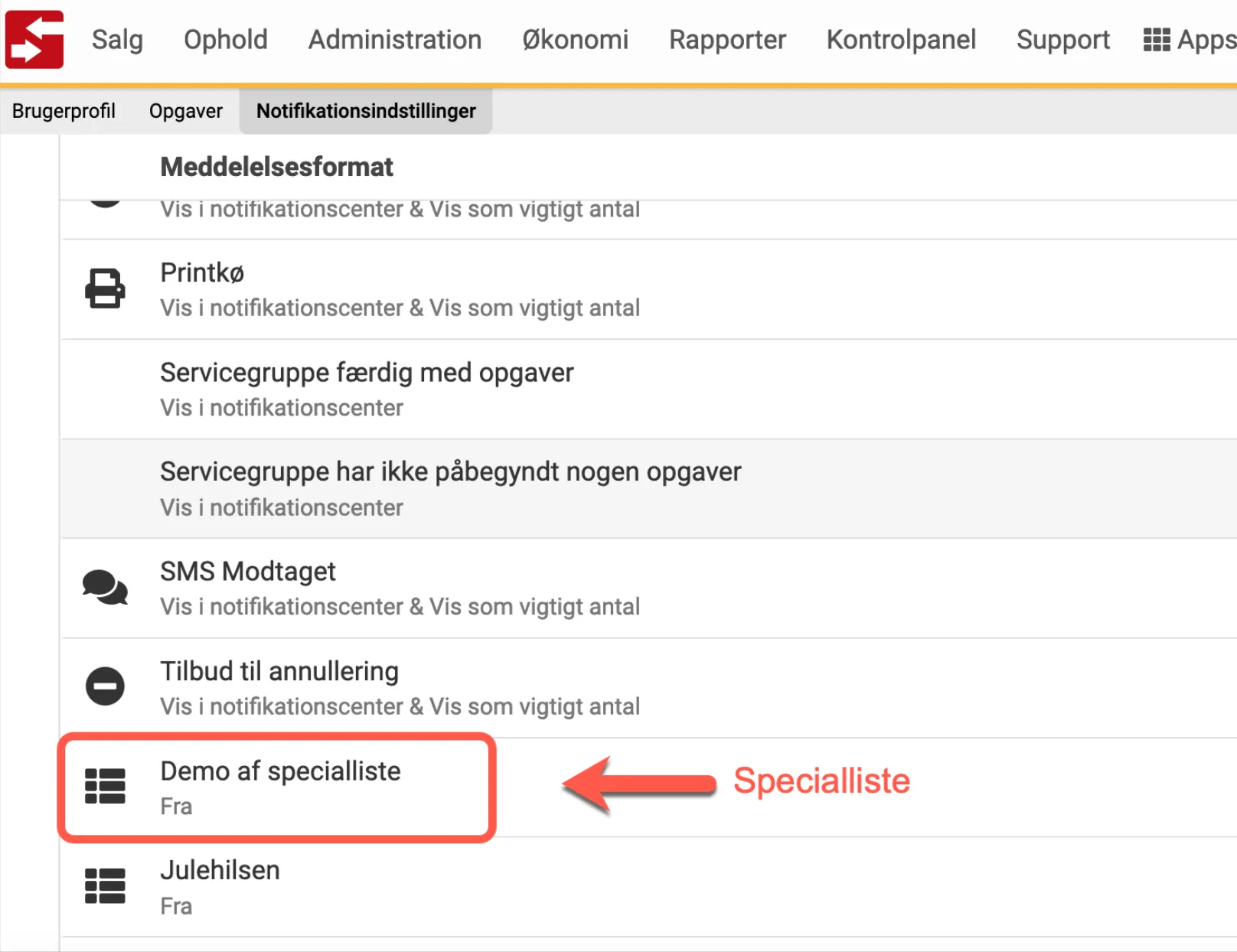 Speciallisten under notifikationsindstillinger