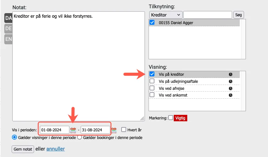 opret et notat på en kreditor
