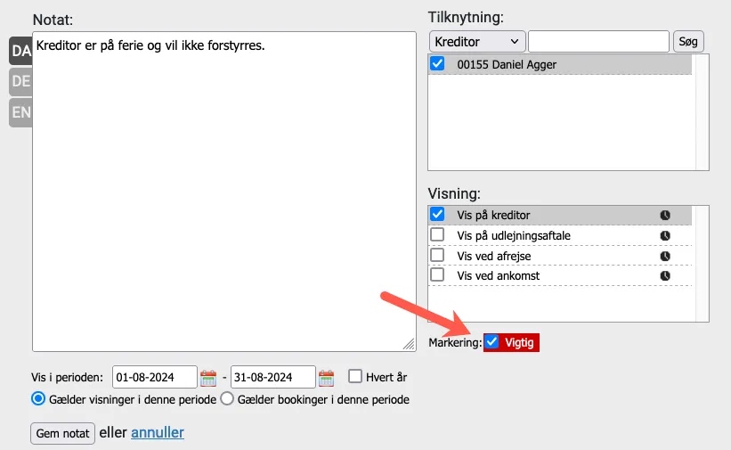 opret et vigtigt notat på en kreditor