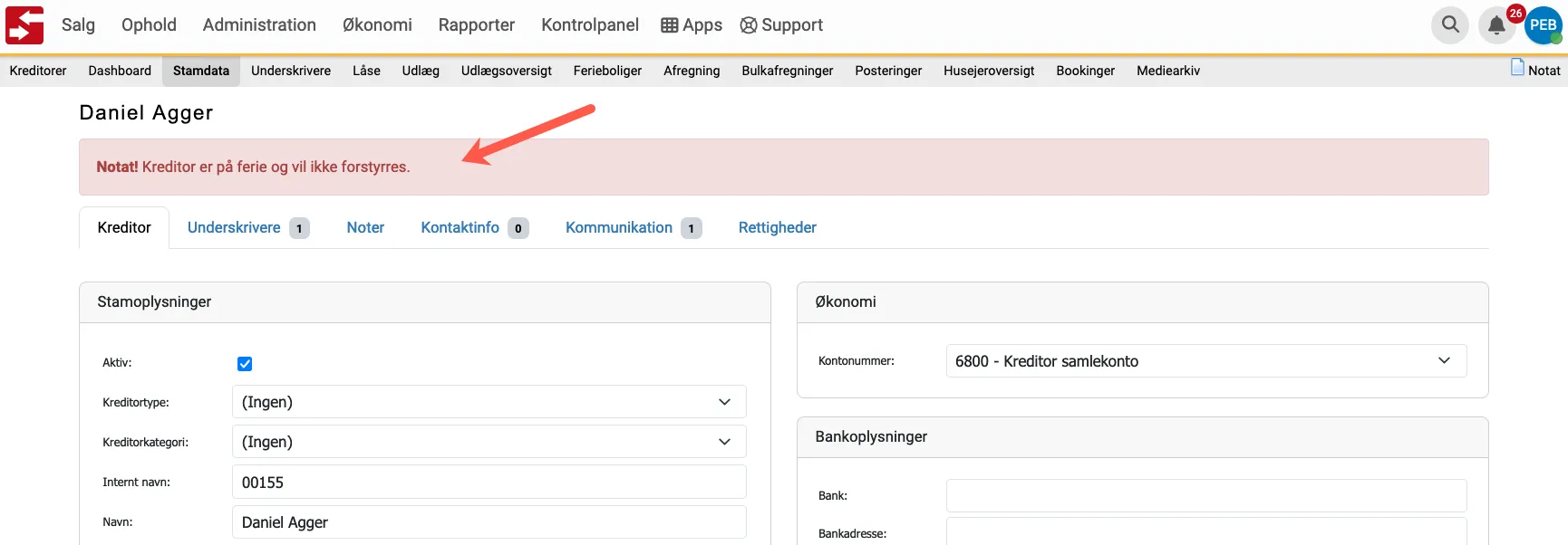 Et vigtigt notat vises med rød baggrund på en kreditor