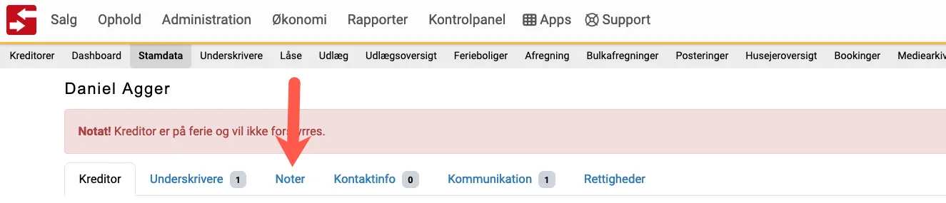 Opret et notat direkte fra kreditor stamdata
