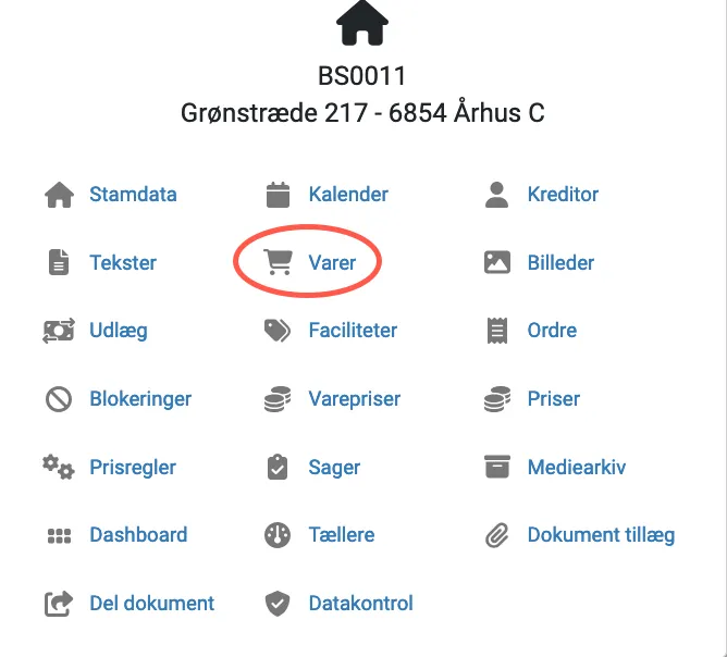 Varer er et punkt i genvejsmenuen for en feriebolig