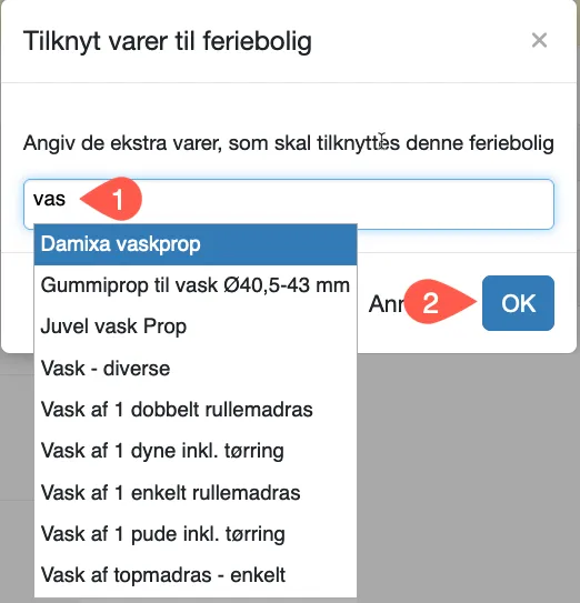 Søg efter den vare der skal tilknyttes ferieboligen